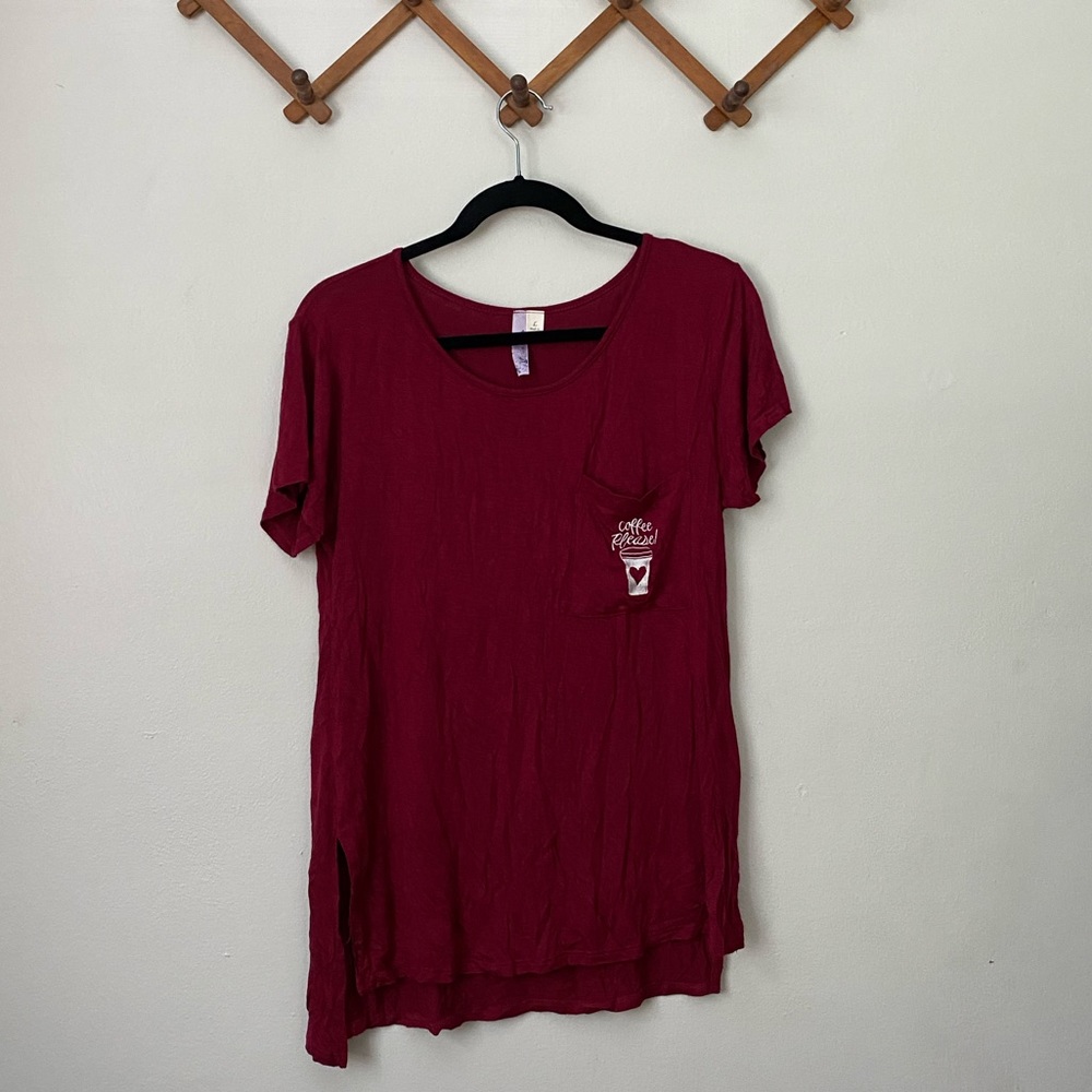 Red “Coffee Please” embroidered pocket tee L